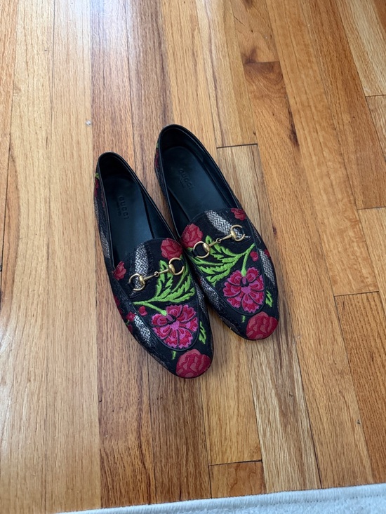 Gucci Shoes - Gucci Black Floral Embroidered Horsebit Loafers with Gold Detail